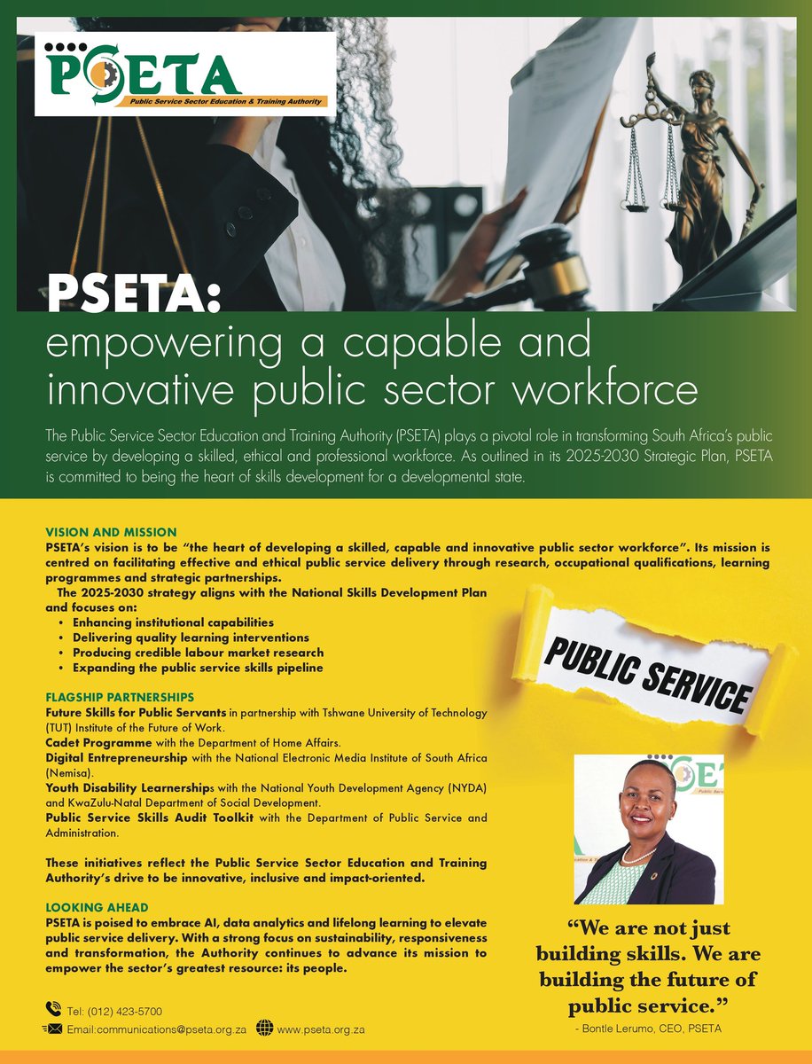 PSETA is proud to feature on the Outside Back Cover of the latest Service Magazine, a key public sector platform. Don’t miss the article on “The Professionalisation of the Public Service Sector” by DPSA on page 22.
📖 Read here: labourguide.co.za/employment-con…