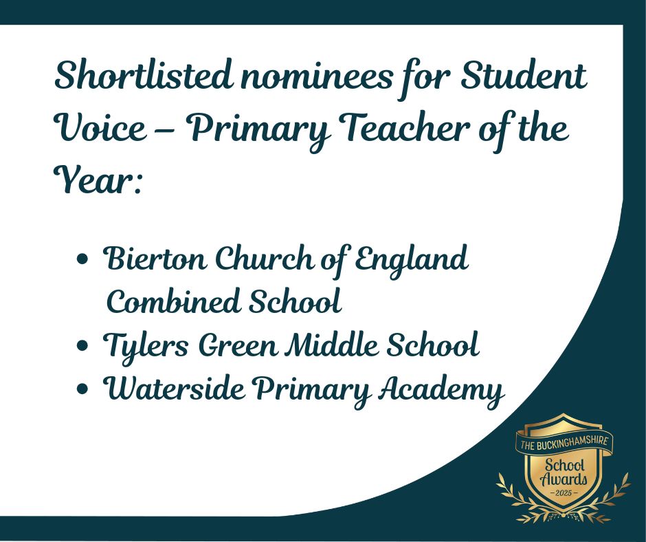 Buckinghamshire Council (@buckscouncil) on Twitter photo We're thrilled to share that these are the schools of the shortlisted nominees in the categories of Student Voice - Secondary Teacher of the Year and Student Voice - Primary Teacher of the Year awards!
<a href="/CGSBucks/">Annmarie McNaney</a>
<a href="/HolmerGreenSnr/">Holmer Green Senior</a>
<a href="/CCChalfonts/">The Chalfonts Community College</a>
<a href="/WatersidePA/">Waterside Primary Academy</a> We're thrilled to share that these are the schools of the shortlisted nominees in the categories of Student Voice - Secondary Teacher of the Year and Student Voice - Primary Teacher of the Year awards!
<a href="/CGSBucks/">Annmarie McNaney</a>
<a href="/HolmerGreenSnr/">Holmer Green Senior</a>
<a href="/CCChalfonts/">The Chalfonts Community College</a>
<a href="/WatersidePA/">Waterside Primary Academy</a>