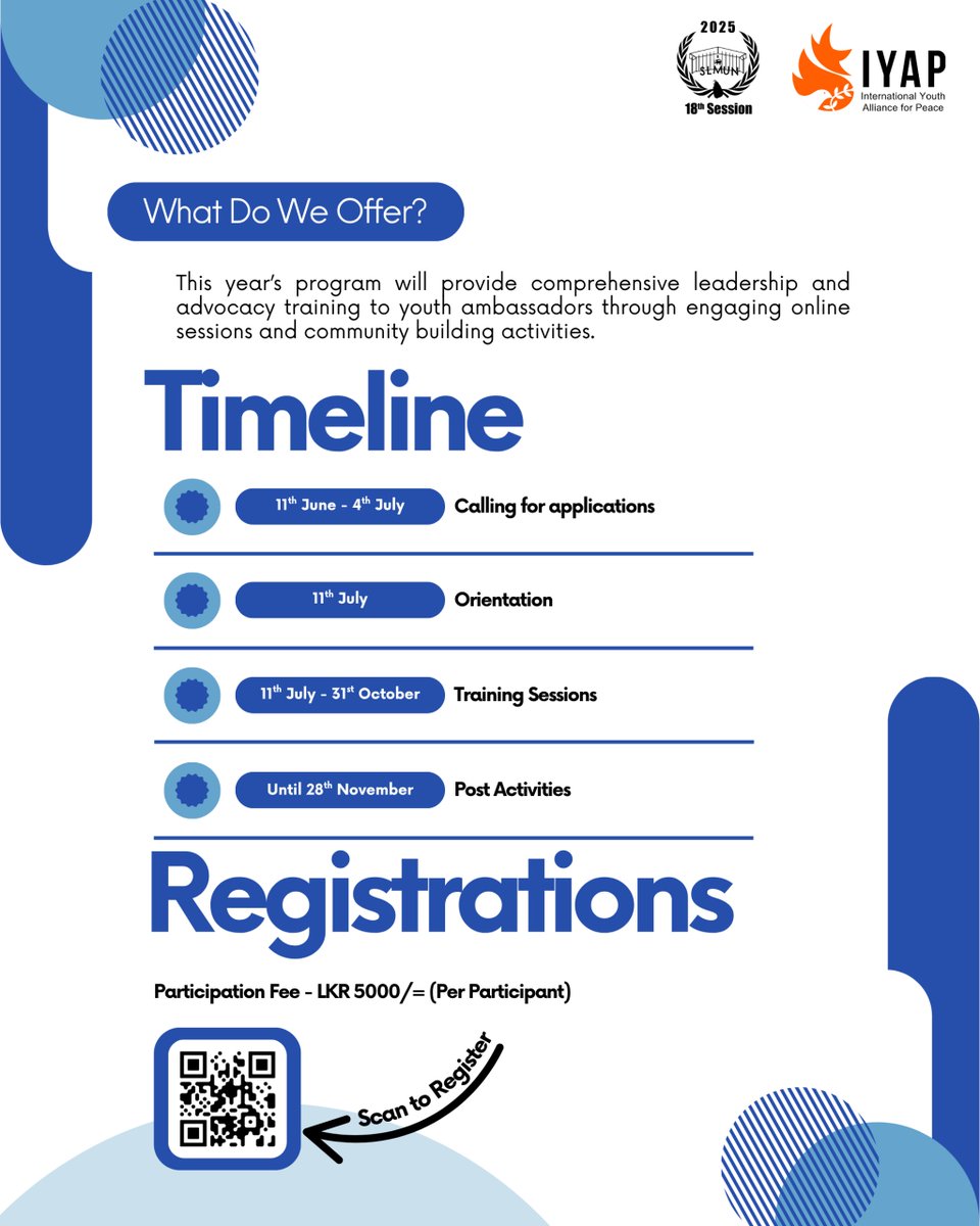 🌟 Empower Leadership 2025 – Cohort 2 🌟
We are thrilled to launch the Empower Leadership Training Program in collaboration with IYAP and SLMUN 2025!

🚀 Ready to lead? Scan the QR code to register now and join a powerful youth movement for change!