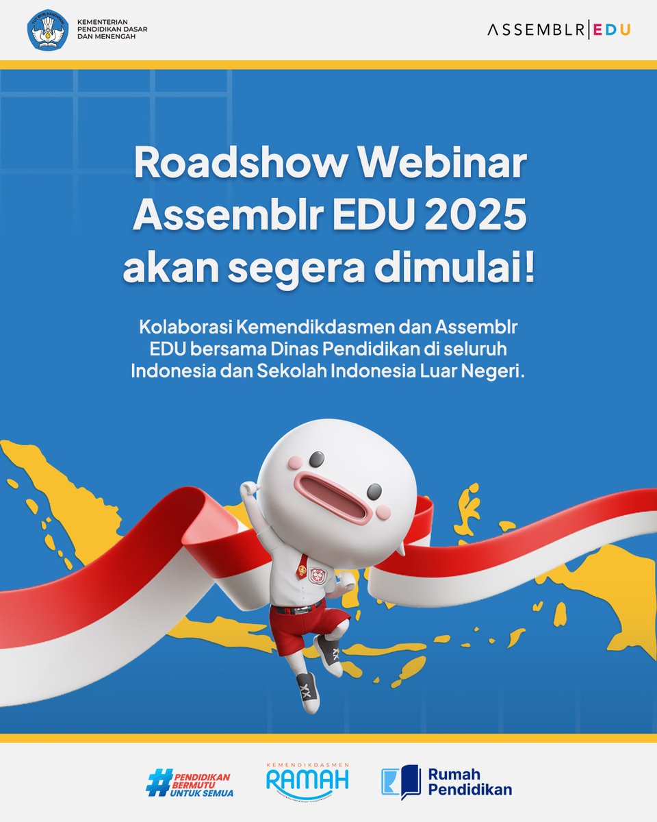 assemblrworld's tweet image. 📚 Roadshow Webinar Assemblr EDU 2025 📚

Kolaborasi Kemendikdasmen dan Assemblr EDU bersama Dinas Pendidikan di 38 provinsi seluruh Indonesia dan Sekolah Indonesia Luar Negeri!

#AssemblrEDU #BelajarSeru #Webinar #3D #AR #Kemendikdasmen #Pendidikan #Indonesia #GuruHebat