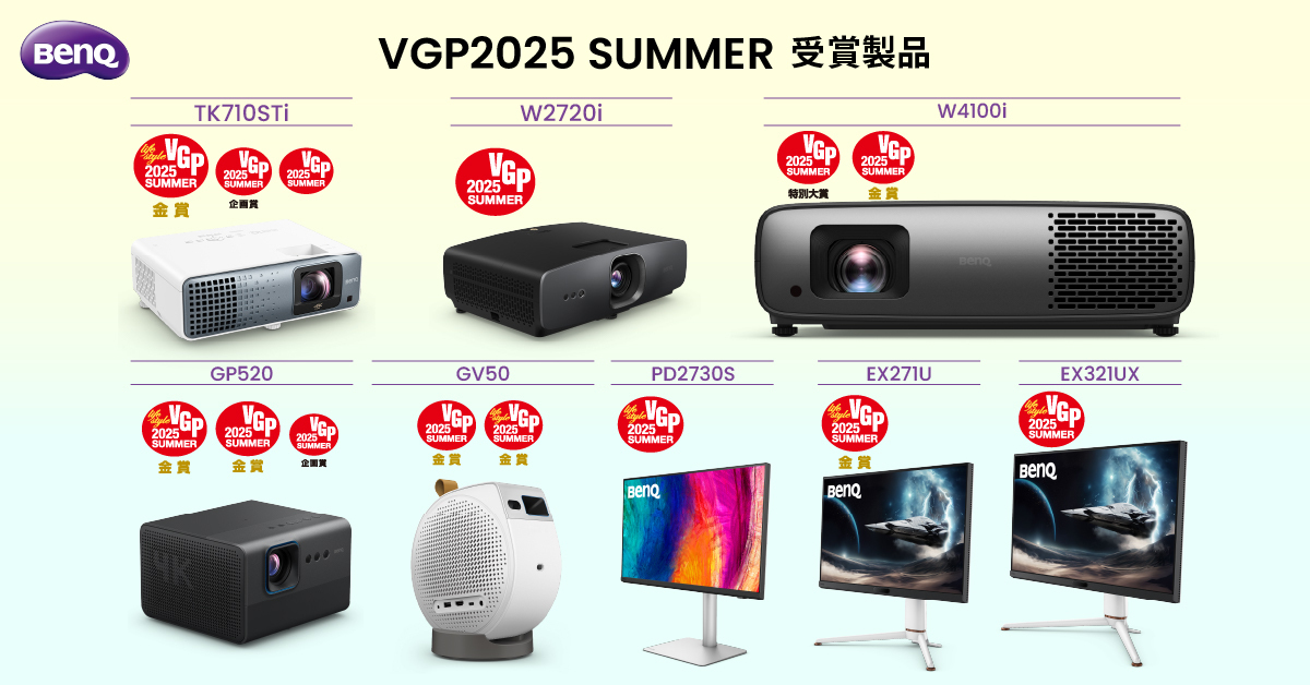 BenQJapan's tweet photo. 🏆VGP2025 SUMMERにて #BenQ #W4100i が特別大賞&amp;部門金賞受賞
  
独自のAI技術&amp;高画質4Kを評価いただきました！✨
詳細👉https://t.co/XVYAaCBHvg
  
#GP520 や #TK710STi が企画賞を受賞、その他多くのBenQ製品が金賞を受賞しています❗
  
今後も皆様に高く評価いただける製品をご提供いたします💪 https://t.co/VrffVHBnoV