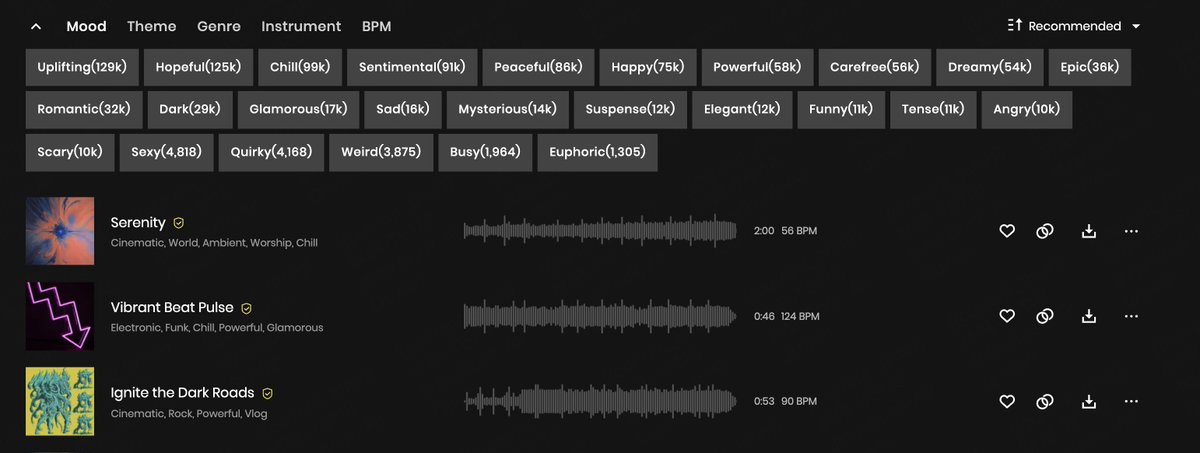 tempolor_ai's tweet image. Discover your perfect sound in our Music Library! 🎶 Filter over 200,000+ royalty-free tracks by mood, theme, genre, instrument, and BPM. What are you waiting for? Start creating today! #MusicLibrary #RoyaltyFree #MusicFilters