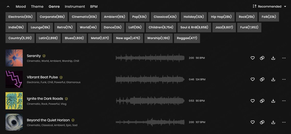 tempolor_ai's tweet image. Discover your perfect sound in our Music Library! 🎶 Filter over 200,000+ royalty-free tracks by mood, theme, genre, instrument, and BPM. What are you waiting for? Start creating today! #MusicLibrary #RoyaltyFree #MusicFilters