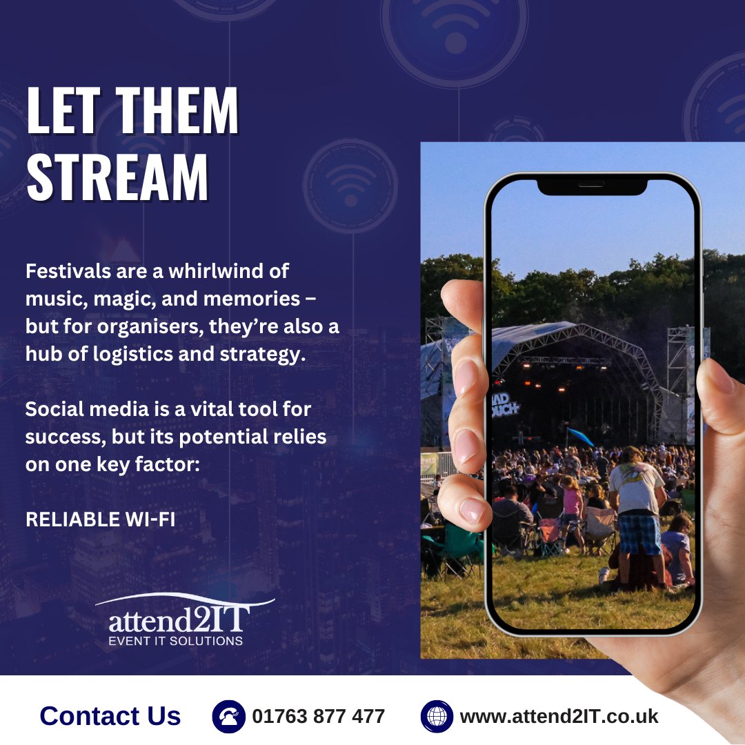 Social sharing, ticket scanning, live updates — none of it works without reliable Wi-Fi.

We deliver high-capacity networks to keep your festival connected from build to breakdown.

🎪 attend2IT.co.uk | 📞 01763 877 477

#EventTech #FestivalWiFi #LiveEvents #Connectivity