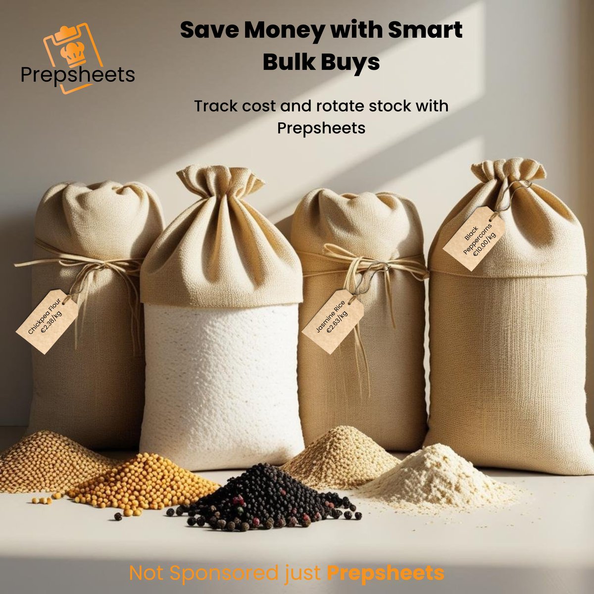 Buying in bulk can save money — if you can store and manage it.
We found chickpea flour €2.38/kg, jasmine rice €2.63/kg, pepper €10/kg at @nutsinbulk_ie.
Prepsheets helps make it work.
🔗 bit.ly/4475qPH