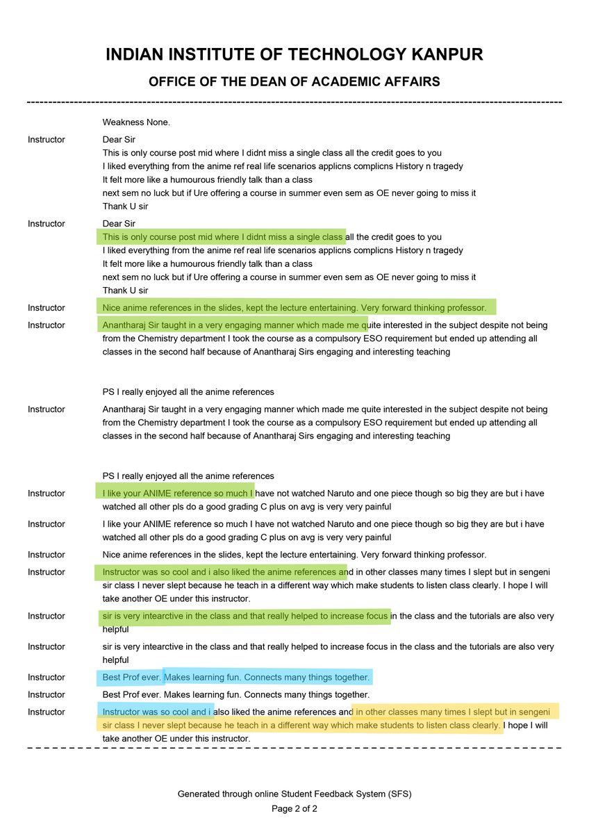 Instructor rating: 3.88/4.00 this semester (vs. Institute avg: 3.03)
Turns out teaching #chemistry with #anime, humor, and historical joys/tragedies isn’t the worst idea after all.
Thanks for the kind words (and the savage ones, too).
#TeachingIsBlissful