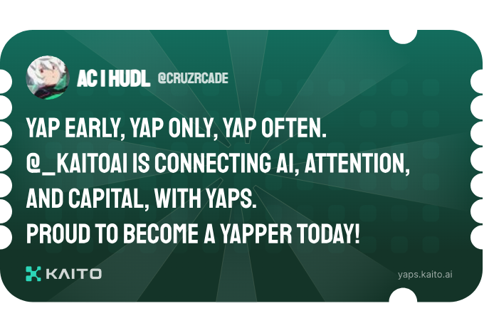 CruzRcade's tweet photo. Yap early, yap only, yap often.

@KaitoAI is connecting AI, attention and capital with Yaps.

Just claimed my social card and I'm accumulating Yap points in real-time.

Claim yours 👉 https://t.co/kOO5EzPuMK Yap early, yap only, yap often. https://t.co/9hK10IrTE3