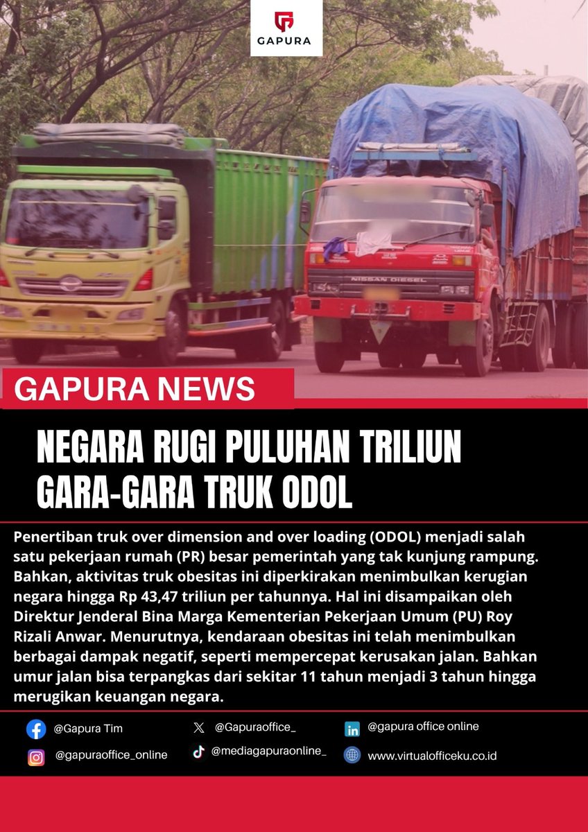 Gapuraoffice_'s tweet photo. 🚛 Truk ODOL bikin negara rugi Rp 43,47 triliun/tahun!
Kerusakan jalan makin parah, umur jalan dari 11 tahun jadi cuma 3 tahun. Sudah saatnya ditindak tegas! #StopODOL #JalanBukanUntukDisiksa #GapuraNews https://t.co/DflyQg9IAH