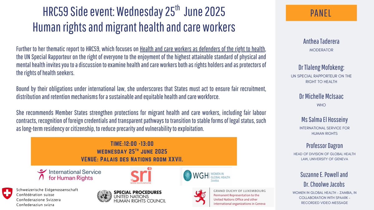 With gratitude to <a href="/LUinGeneva/">Luxembourg Mission in Geneva🇱🇺🇺🇳</a> and <a href="/swiss_un/">SwitzerlandUN</a> for co-sponsoring today’s event focusing on “Human rights and migrant health and care workers”.  Your support is vital. 

Join this session: 

🗓️ 25th June 2025
⏰12:00-13:00
📍 Palais de Nations, Room XXVII 
UN HQ, Geneva. 
#HRC59