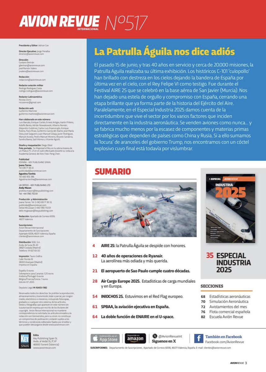 RODRIGORRC72's tweet photo. Ya disponible el nuevo número de @AvionRevueInt En el apartado militar dos artículos de #AIRE25 e #INIOCHOS25 con muy buenas imágenes para el disfrute de los aficionados. Espero lo disfruten. @EjercitoAire @patrullaguila @CasaReal @HAFspokesperson https://t.co/BGVA9Vd2VK
