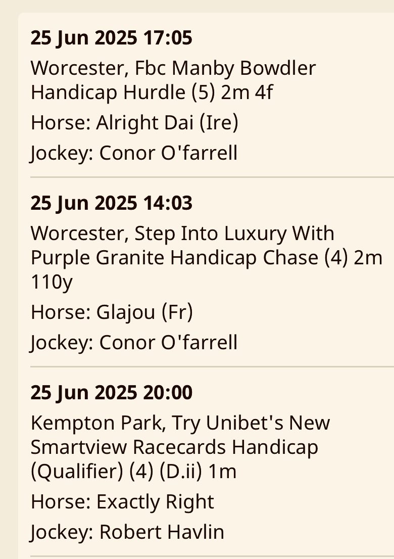 Kieran Fitzgerald (@tensplenty1) on Twitter photo 3 Runners for Team <a href="/Neil_Mulholland/">Neil Mulholland</a> today at @WoresterRaces (2) & <a href="/kemptonparkrace/">Kempton Park Racecourse</a> (1) Jockeys 🏇 <a href="/CoFarrell20/">Conor O Farrell</a> #RobertHavlin Best of Luck 🤞 <a href="/Conoroneill83/">Conor O'Neill</a> <a href="/Kieramul/">Kiera Mulholland</a> <a href="/brianfmul/">Brian Mulholland</a> <a href="/Paul_Horses1st/">The Wicket Chicken</a> <a href="/Stevo05946874/">Stevo</a> <a href="/JoeSeward1/">Joe Seward</a> <a href="/vinnygrennan/">Vinny Grennan</a> <a href="/WeaverRacing/">Patrick Weaver</a> <a href="/william74386052/">william slattery</a> <a href="/dave2482/">Dave</a> 3 Runners for Team <a href="/Neil_Mulholland/">Neil Mulholland</a> today at @WoresterRaces (2) & <a href="/kemptonparkrace/">Kempton Park Racecourse</a> (1) Jockeys 🏇 <a href="/CoFarrell20/">Conor O Farrell</a> #RobertHavlin Best of Luck 🤞 <a href="/Conoroneill83/">Conor O'Neill</a> <a href="/Kieramul/">Kiera Mulholland</a> <a href="/brianfmul/">Brian Mulholland</a> <a href="/Paul_Horses1st/">The Wicket Chicken</a> <a href="/Stevo05946874/">Stevo</a> <a href="/JoeSeward1/">Joe Seward</a> <a href="/vinnygrennan/">Vinny Grennan</a> <a href="/WeaverRacing/">Patrick Weaver</a> <a href="/william74386052/">william slattery</a> <a href="/dave2482/">Dave</a>
