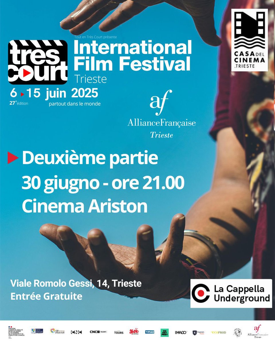🎬 Deuxième partie du Festival Très Court 2025 <a href="/trescourt/">Le Très Court</a> 
📍 Cinéma Ariston, Trieste
📅  Lundi 30 juin à 21h
🇫🇷 Organisée par l’Alliance Française de Trieste 

🎟 Entrée gratuite 
Ne manquez pas ce rendez-vous incontournable du court-métrage !

#FestivalTrèsCourt