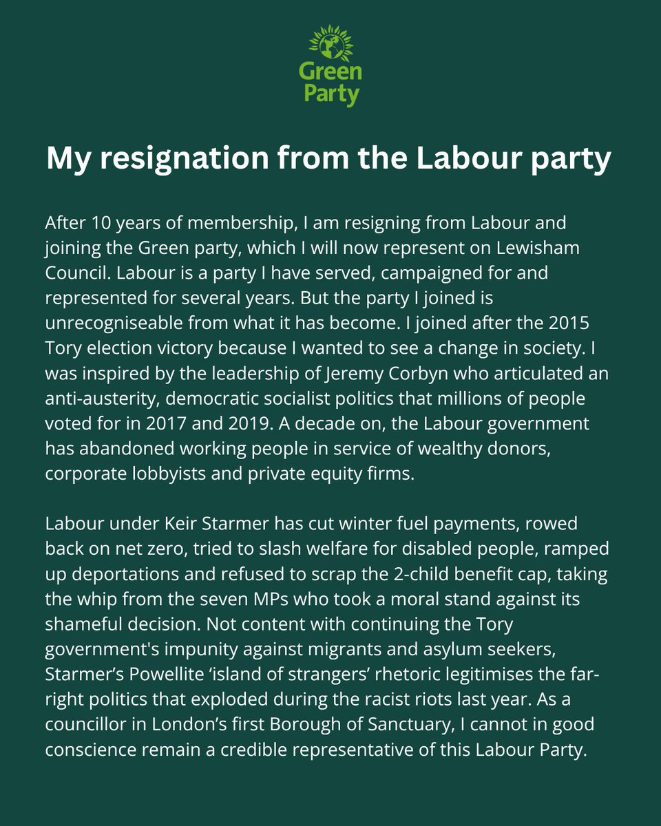 Cllr Liam Shrivastava (@liamshrivastava) on Twitter photo I have today resigned from the Labour party and joined <a href="/TheGreenParty/">The Green Party</a> 💚
Labour has lost its moral compass and we need a bold, eco-socialist vision to take on the far right.
Statement from me 👇 I have today resigned from the Labour party and joined <a href="/TheGreenParty/">The Green Party</a> 💚
Labour has lost its moral compass and we need a bold, eco-socialist vision to take on the far right.
Statement from me 👇