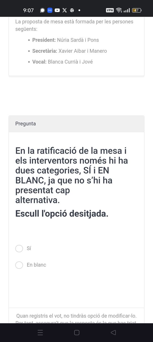Avui votacions a la mesa de l'ANC. Només es pot votar Sí o en blanc, perquè diuen que no hi ha altres candidats. I no pots manifestar el teu desacord amb aquesta mesa? Això no em sembla democràtic!