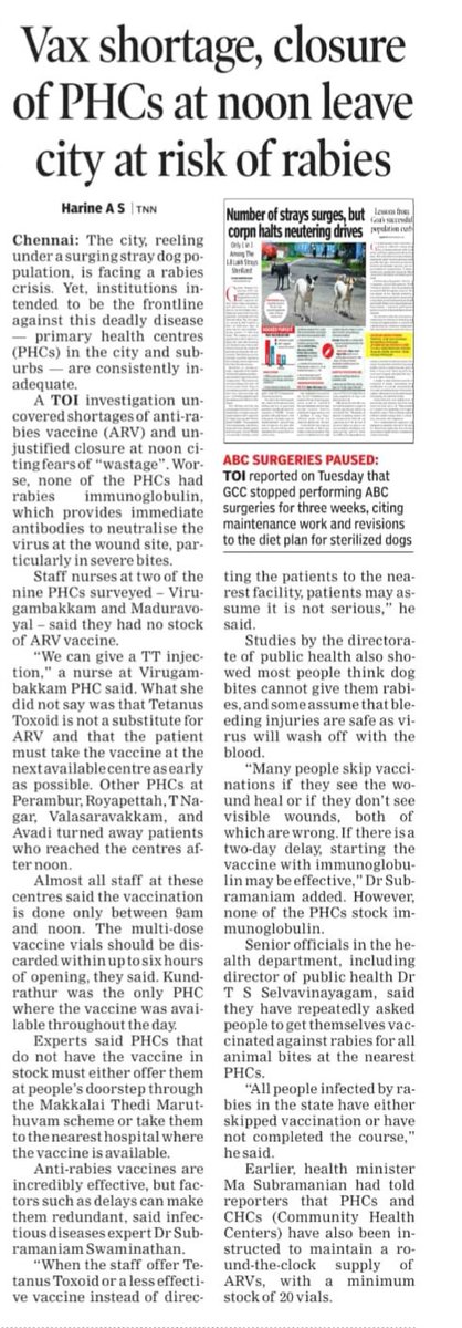 Toi_pushpa_n's tweet image. #dog population up, #Rabies hounds city. @TOIChennai by @Swedha_RK on Tuesday said @chennaicorp has stopped #ABC (sterlization for strays) and today investigation by Harine reveals how ARV is delayed/denied at PHC @TNDPHPM