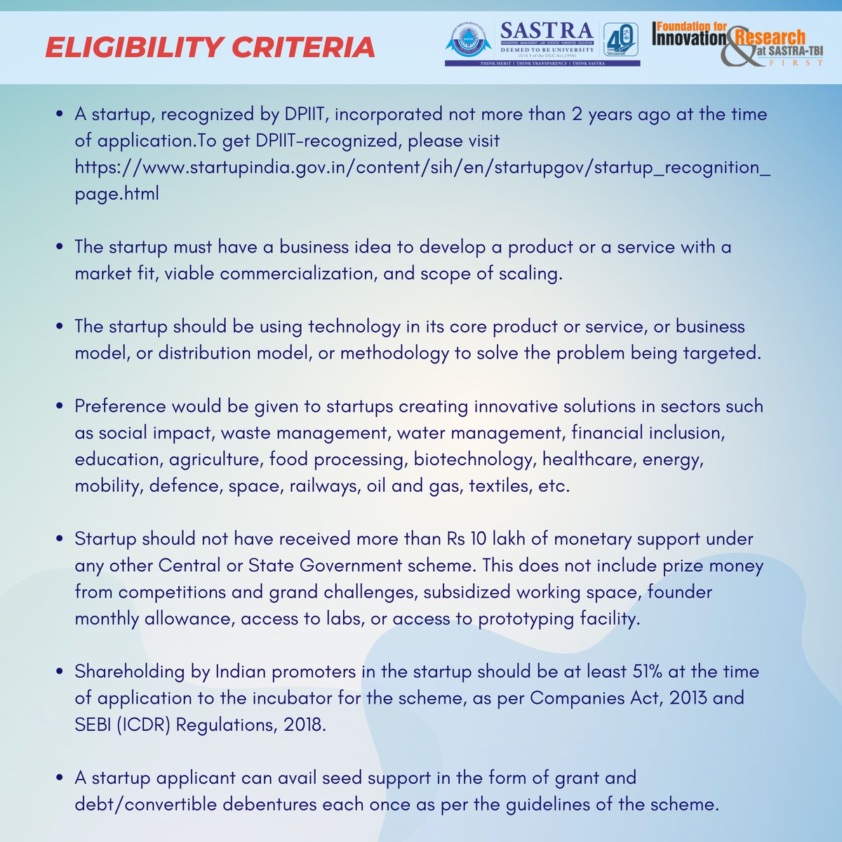 🚀 Fuel Your Startup’s Growth!

Get SISFS Debt Funding up to ₹50 Lakhs through FIRST TBI.

📈 Build. Scale. Succeed.
👉 Check eligibility on slide 2!

#SISFS #StartupIndia #FIRSTTBI #DebtFunding #StartupSupport #InnovationFunding