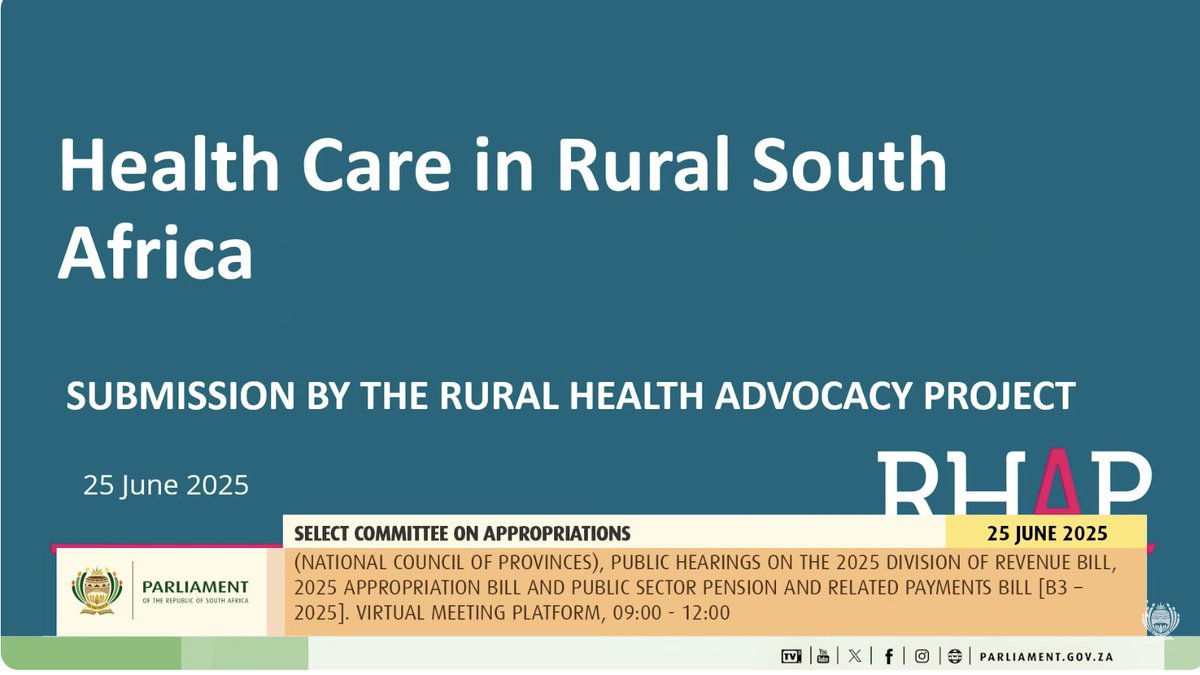 RHAP has made a submission to the National Council of Provinces. We’re calling for a budget that reflects rural realities, not just national promises. Maternal health gaps, NCDs, HIV, and stockouts hit rural communities hardest.

Read full submission here: rhap.org.za/wp-content/upl…