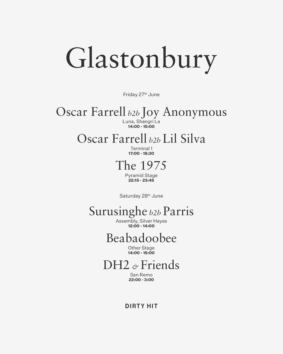 DirtyHit's tweet image. DH at Glastonbury 2025
Catch The 1975's Friday headline set at the Pyramid Stage, Beabadoobee at the Other Stage, and the DH2 takeover at San Remo.