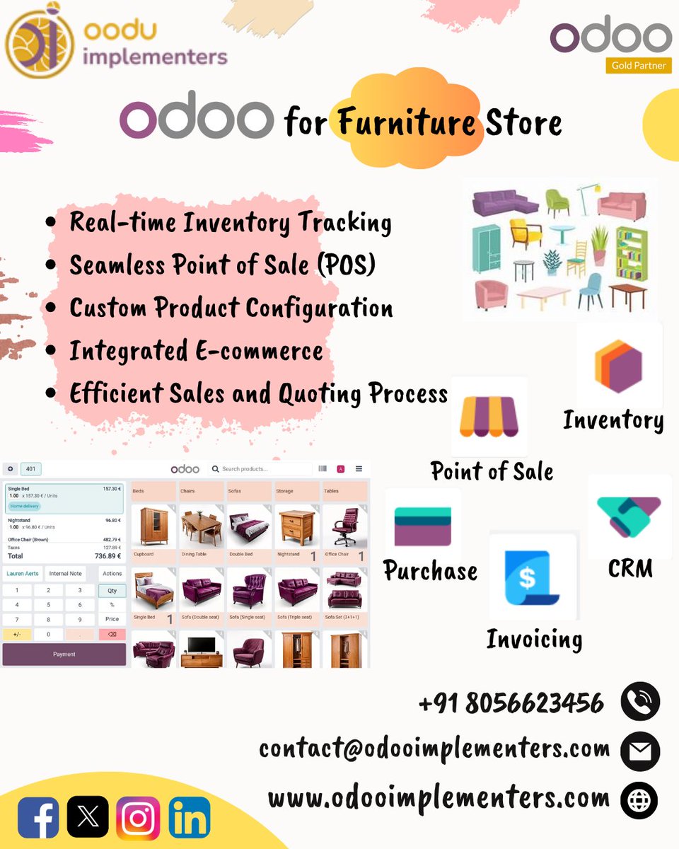 Oodu6's tweet photo. 🪑 Run a furniture store? Power it with Odoo ERP!

✅ Real-time inventory
✅ Seamless POS
✅ E-commerce integration
✅ Easy quoting &amp; sales

All-in-one solution for retail success!

📞+91 8056623456
🌐 https://t.co/Ij2UipCw65

#Odoo #FurnitureStore #ERP https://t.co/40g1XvFYpN