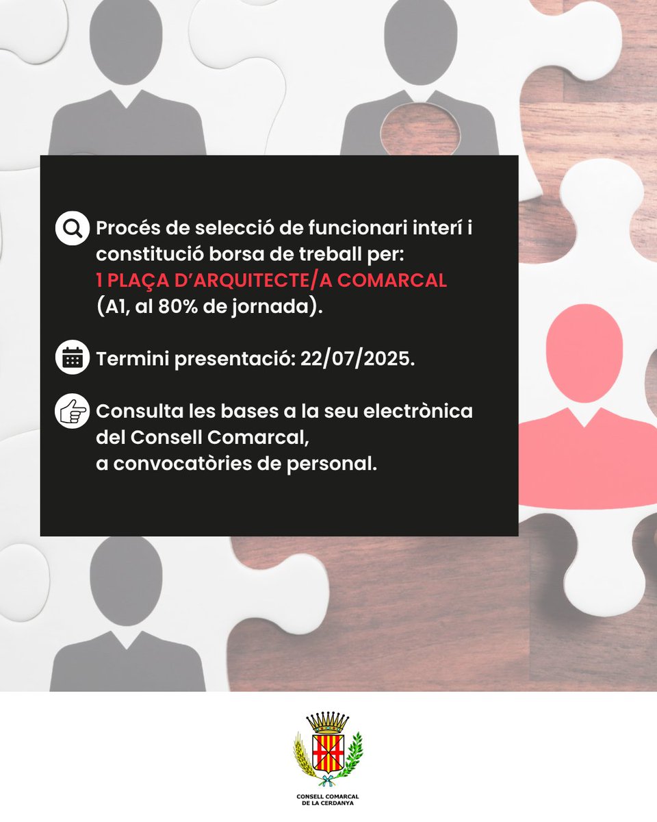 Oberta convocatòria d'una plaça d'arquitecte/a comarcal, categoria A1 al 80% de jornada.
Termini presentació sol·licitud: fins al 22 de juliol de 2025.
👉Consulta requisits i bases a: seu-e.cat/ca/web/cccerda…
No deixis passar aquesta oportunitat de formar part del nostre equip!