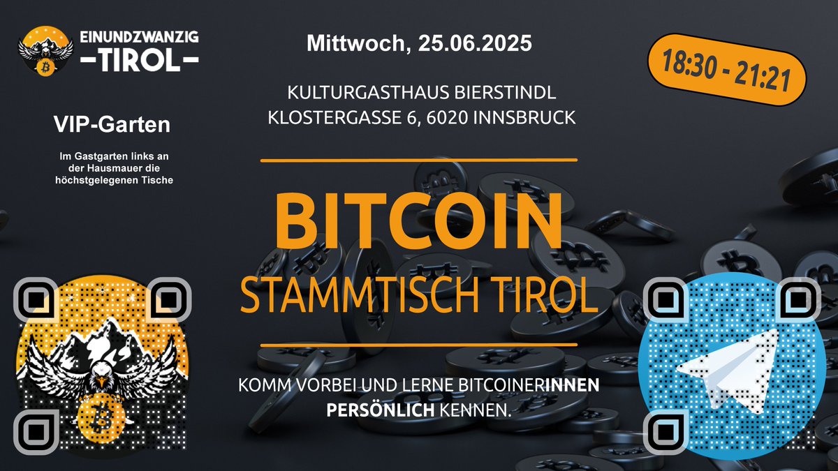 letzte Erinnerung: heute 18:30 Bitcoin-Stammtisch im VIP-Garten des Gasthaus Bierstindl in Innsbruck. Wir reden heute u.a. über Hardware-Wallets.  Nehmt Eure Wallet &amp; Notebook mit. Bis am Abend. Wir freuen uns.