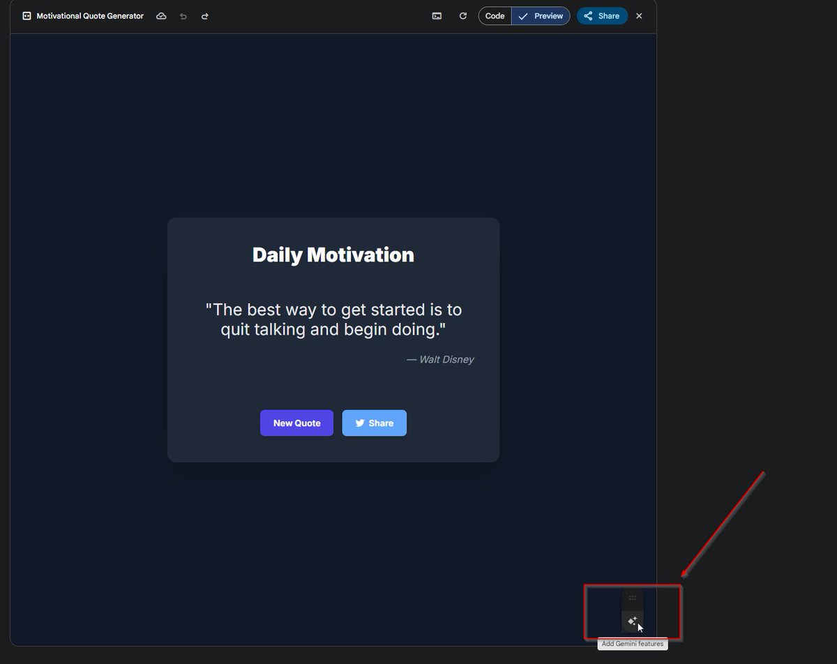 phill__1's tweet image. Wait you can now integrate the Gemini api directly into the canvas by pressing this button?! gemini changed my example to generate new quotes using 2.0 Flash directly in the canvas using an api key provided by the gemini app! This opens so many new cool ideas!