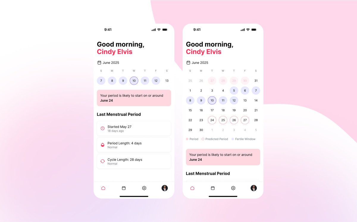 your_tecksis's tweet image. Day 19/30 – Menstrual App Homepage
Designed a clean and intuitive homepage for a menstrual tracking app — helping women stay informed, empowered, and in control of their cycle.
#dailyuidesign #uidesignchallenge #menstrualapp #femtech #healthtech #appdesign #productdesign