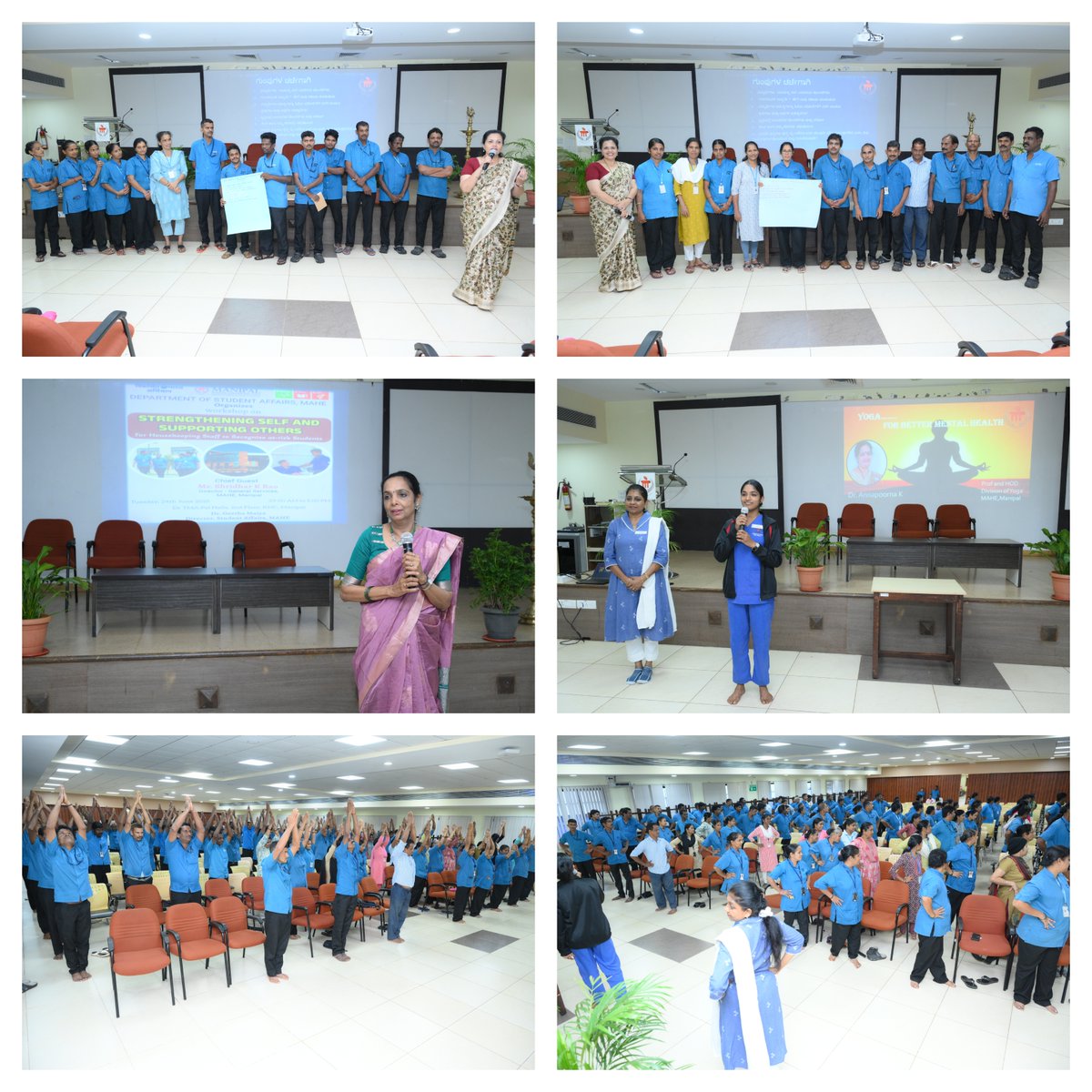 MAHE's Dept. of Student Affairs held a powerful workshop for 240+ housekeeping staff on “Strengthening Self and Supporting Others” at TMA Pai Hall. Sessions included POSH, CPR, yoga &amp; group discussion followed by a formal program and oath taking