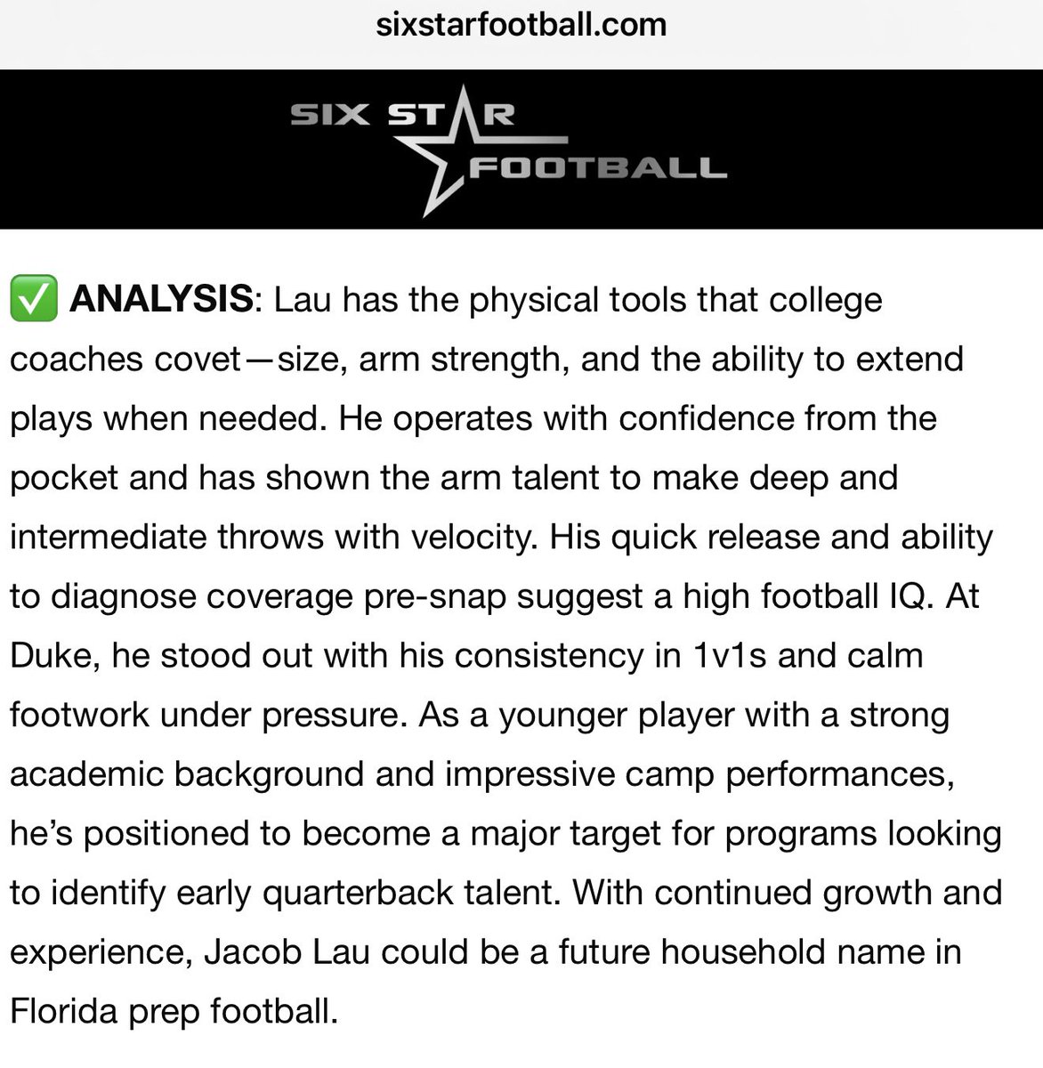 Thank you <a href="/sixstarfootball/">Six Star Football | PLUS+</a> for the write up and analysis of my recent <a href="/DukeFOOTBALL/">Duke Football</a> prospect camp performance!