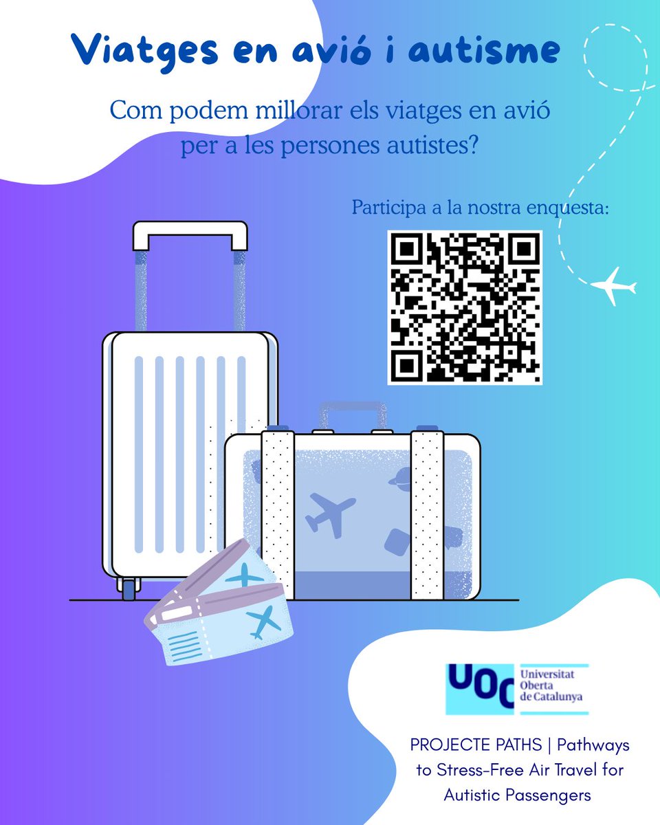 UOC Economia/Empresa (@uocecoempresa) on Twitter photo 🔎👋 A la <a href="/UOCuniversitat/">UOCuniversitat</a>, els professors <a href="/peresuau/">Pere Suau-Sanchez</a> i Paula Morales (<a href="/UOCpsicoedu/">UOC PsicoEdu</a>) estan investigant com viuen els viatges en avió les persones autistes i les seves famílies.
☝️ La teva experiència és clau per millorar l’accessibilitat als aeroports i aerolínies.
⌨️Pots 🔎👋 A la <a href="/UOCuniversitat/">UOCuniversitat</a>, els professors <a href="/peresuau/">Pere Suau-Sanchez</a> i Paula Morales (<a href="/UOCpsicoedu/">UOC PsicoEdu</a>) estan investigant com viuen els viatges en avió les persones autistes i les seves famílies.
☝️ La teva experiència és clau per millorar l’accessibilitat als aeroports i aerolínies.
⌨️Pots