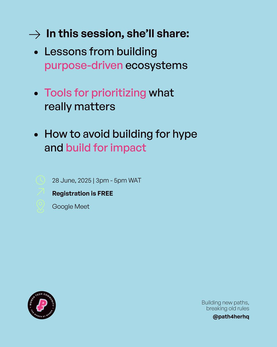 path4herhq's tweet image. Meet our speaker, Khadijat Amusat a Developer Relations Engineer at Celo Foundation, She has led product conversations that has championed impact. 
At our session, she’ll be sharing how to build tech products for impact.
Register with the link 👇🏾 
lu.ma/0yc3a0i8