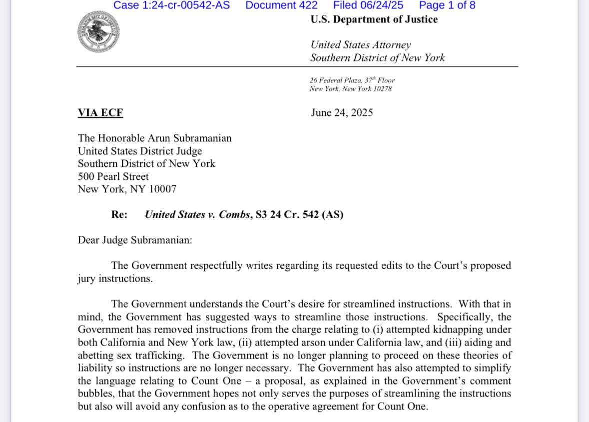 Prosecutors say they’re no longer going to argue attempted kidnapping, attempted arson and aiding and abetting sex trafficking as liability for Sean “Diddy” Combs’ racketeering conspiracy charge. 

storage.courtlistener.com/recap/gov.usco…