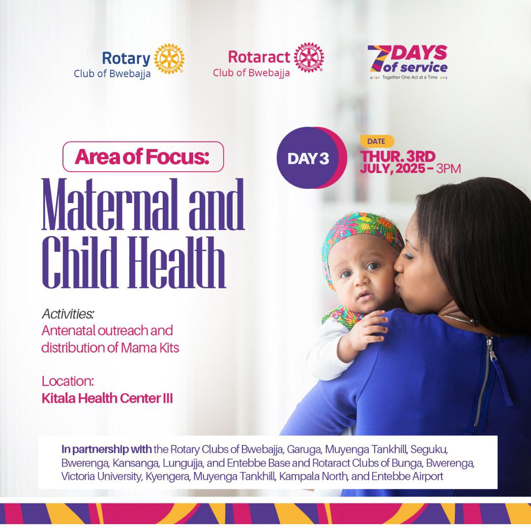 RcBwebajja's tweet image. "You're Invited! 🌟
Rotary Club of Bwebajja presents:
Maternal and Child Health Outreach
Date:* 3rd July
Location: Kitala Health Center
Time: 3pm
Join us for:
Antenatal outreach
Distribution of Mama Kits
Let's serve together! 🙏
Let's make a difference in our community!…