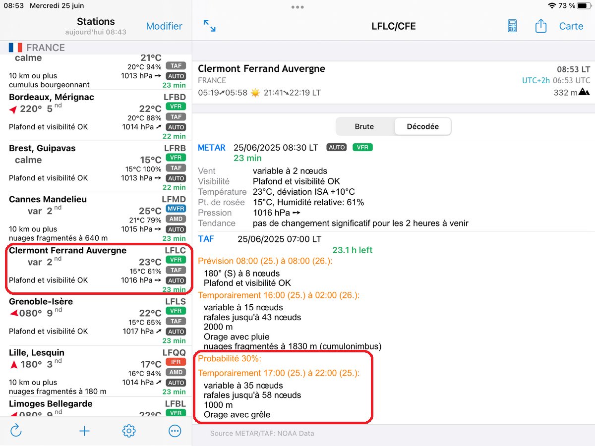 Concernant les orages de cette fin de journée sur #ClermontFerrand, il faut espérer que les 30% de probabilité ne se produiront pas, sinon c'est l'apocalypse 😮⚠️
-écran AeroWeather
