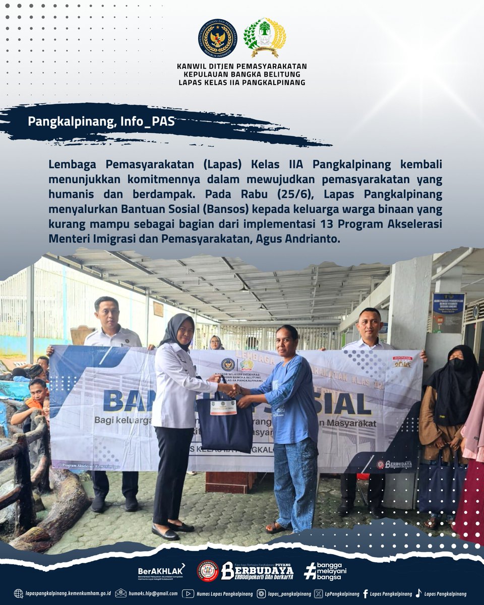 LpPangkalpinang's tweet photo. Pemasyarakatan Pasti Berdampak, Lapas Pangkalpinang Bantu Keluarga Warga Binaan
#kemenimipas
#guardandguide
#ditjenpas
#pemasyarakatanbabel
#kanwilditjenpasbabel
#hermansawiran
#LapasPangkalpinangBerbudaya
#SugengIndrawan https://t.co/h3cX6V9euI
