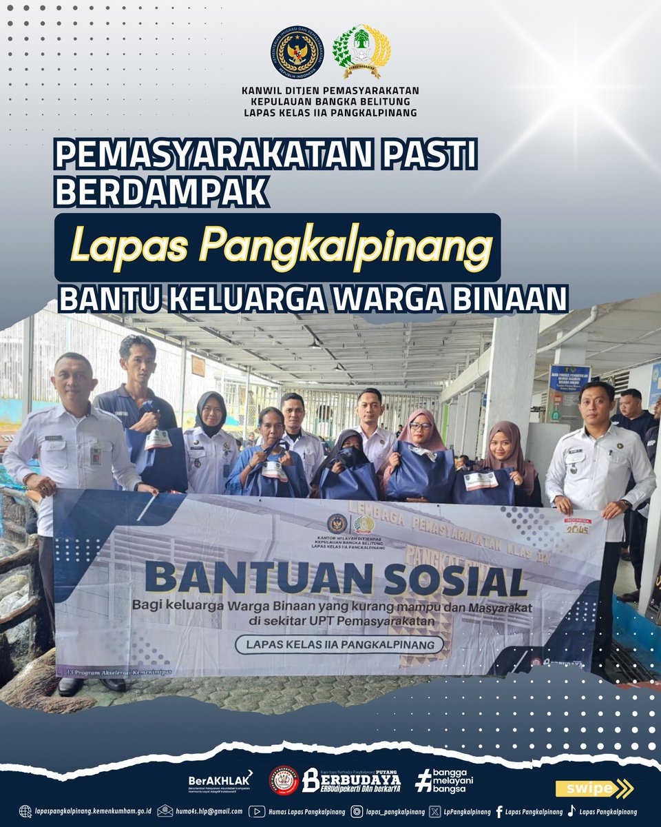 LpPangkalpinang's tweet photo. Pemasyarakatan Pasti Berdampak, Lapas Pangkalpinang Bantu Keluarga Warga Binaan
#kemenimipas
#guardandguide
#ditjenpas
#pemasyarakatanbabel
#kanwilditjenpasbabel
#hermansawiran
#LapasPangkalpinangBerbudaya
#SugengIndrawan https://t.co/h3cX6V9euI