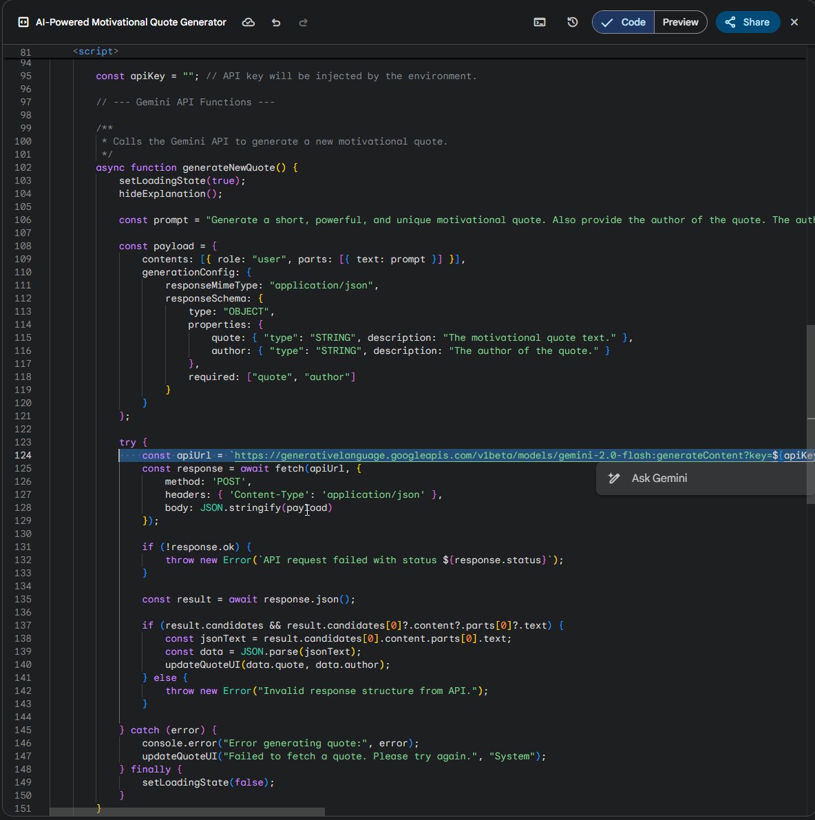 phill__1's tweet image. Wait you can now integrate the Gemini api directly into the canvas by pressing this button?! gemini changed my example to generate new quotes using 2.0 Flash directly in the canvas using an api key provided by the gemini app! This opens so many new cool ideas!