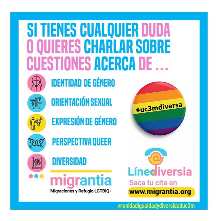 🏳️‍🌈 ¿Necesitas hablar, compartir o resolver dudas sobre identidad, deseo o salud sexual? #LÍNEADIVERSIA de @AsociacionMigrantia es un espacio seguro para ti 💜📩 lineadiversia@migrantia.org📞 919 32 93 73#OrgulloUC3M #DiversidadUC3M <a href="/uc3m/">UC3M</a> @migrantia.ong