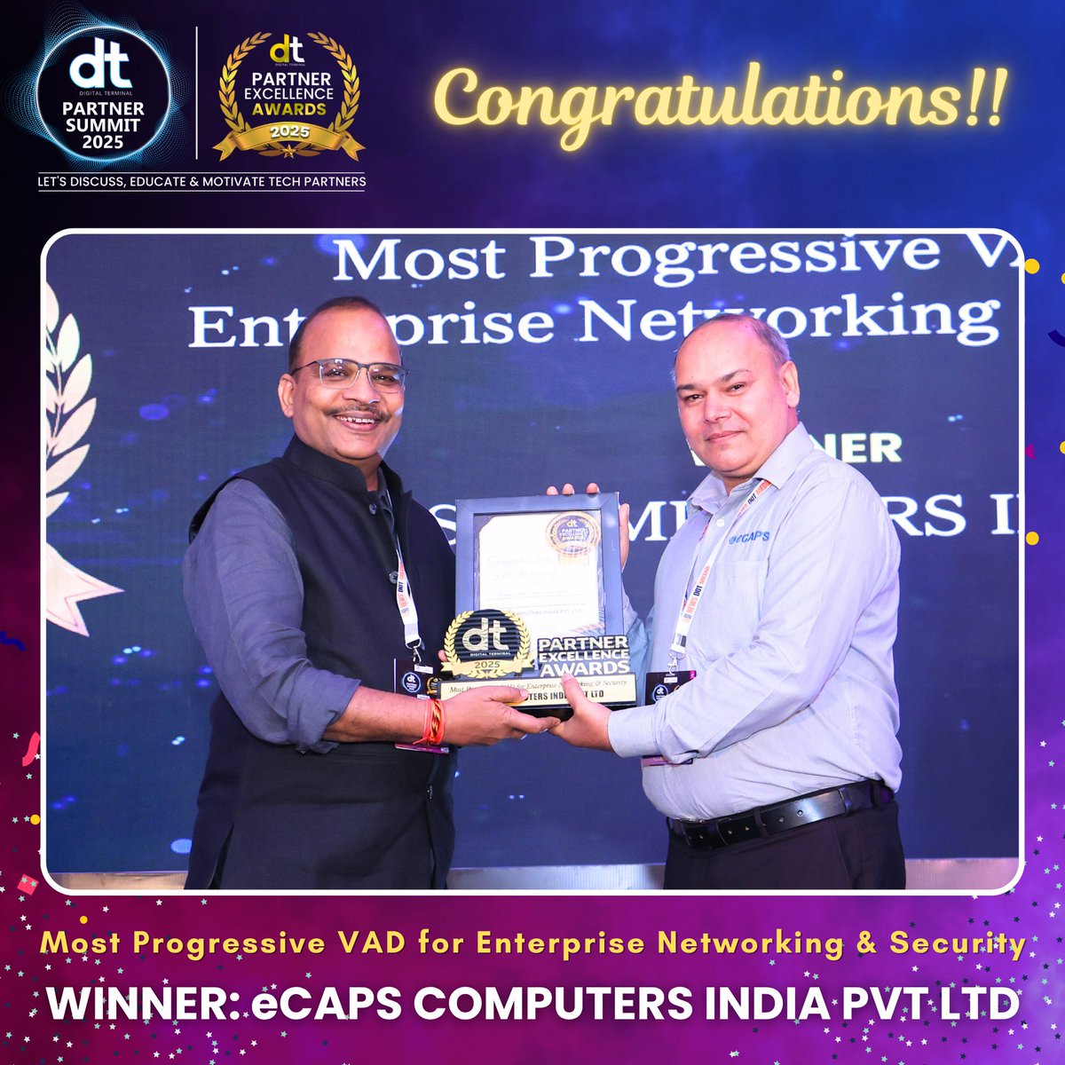 dterminalIN's tweet image. 🎉 Many Congratulations to eCAPS COMPUTERS INDIA PVT LTD on winning Most Progressive VAD for Enterprise Networking &amp;amp; Security Award at the prestigious DT Partner Excellence Awards 2025! 🏆👏

👉 Watch Complete DT Partner Summit 2025:
 youtube.com/live/PdLQm8qok…

#DTPS #DTPS2025
