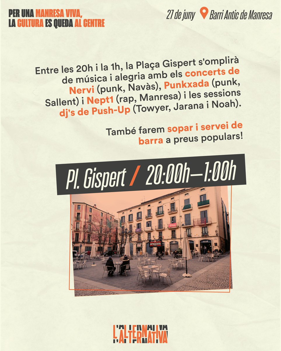 📢 PROGRAMACIÓ SENCERA DEL 27 DE JUNY!

Davant la demanda d'alguns propietaris de Cal Jorba contra la FMA, L'Alternativa fem una crida a totes les manresanes per omplir de vida, cultura i lluita el Barri Antic de Manresa!