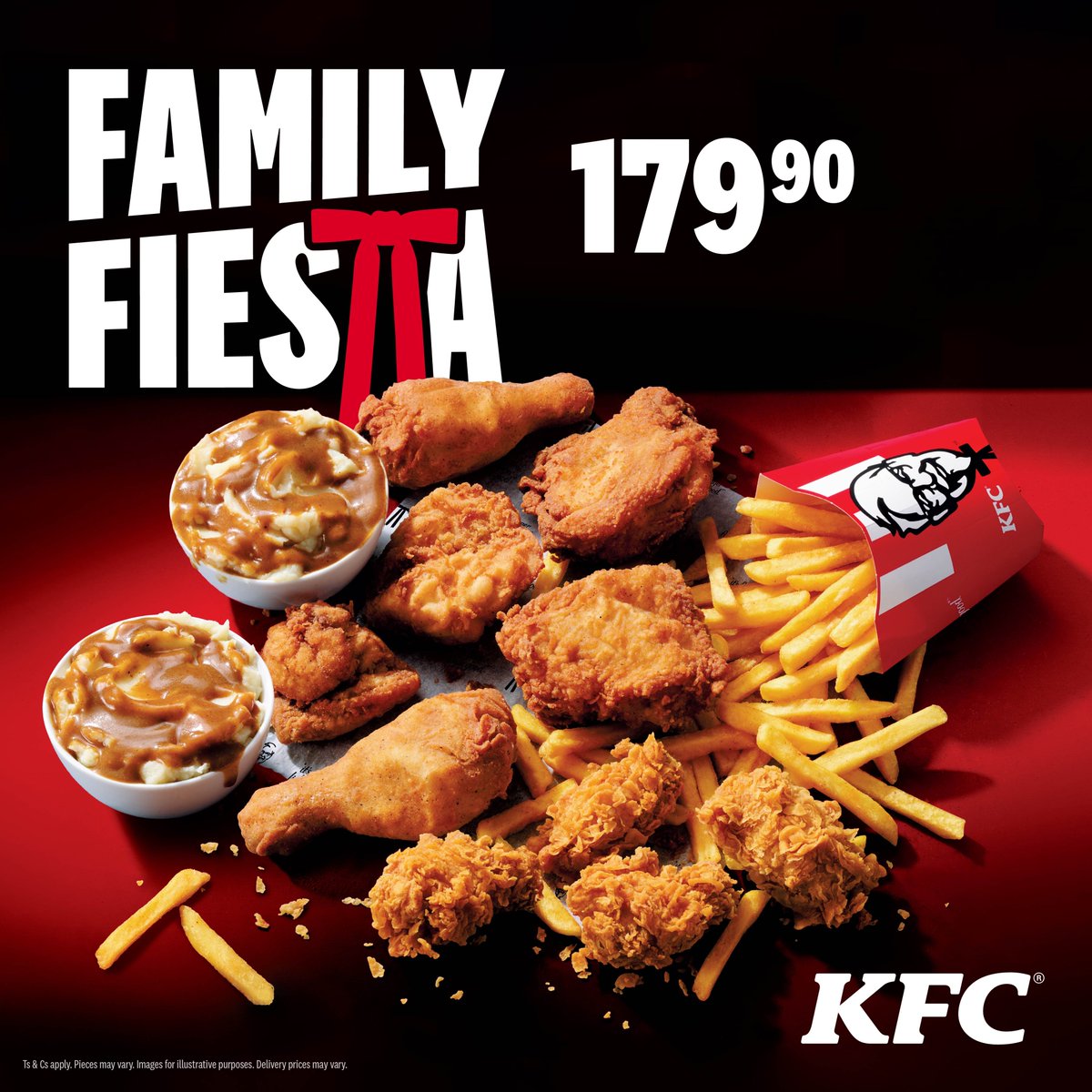 Get  together for a sharing moment with the Family Fiesta ! Get 6 Pcs of.  Original Recipe,chicken, 4 Zinger Wings, 2 Mash &amp; Gravy, and Lrg.  Chips for only N$179,90!