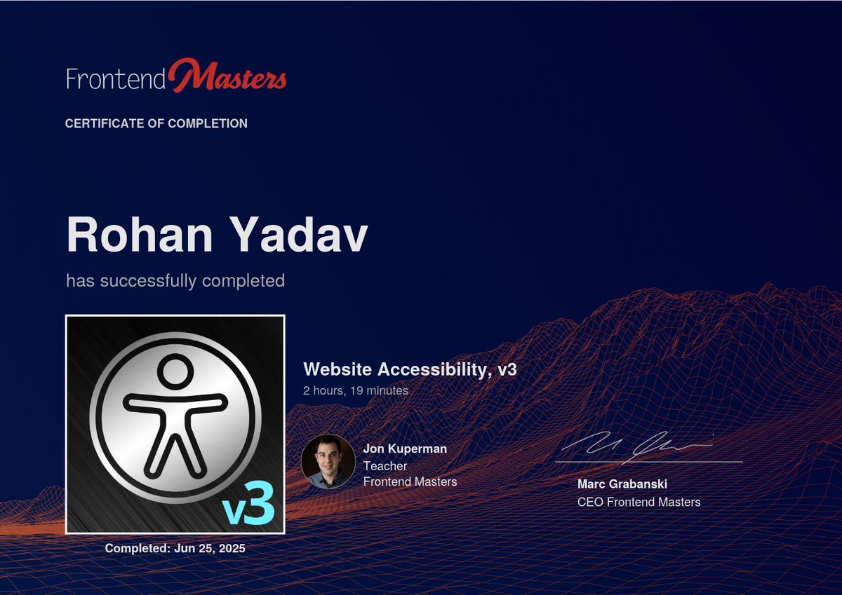 Rohan Yadav (@r_yadav01) on Twitter photo Just finished Website Accessibility, v3 by <a href="/jkup/">Jon Kuperman</a> on <a href="/FrontendMasters/">Frontend Masters 💻✨</a>! Loved how clearly he explained accessibility, he convinced me how important and easy it is to make our websites accessible. I do wish it included some homework - like improving some poorly accessible websites. Just finished Website Accessibility, v3 by <a href="/jkup/">Jon Kuperman</a> on <a href="/FrontendMasters/">Frontend Masters 💻✨</a>! Loved how clearly he explained accessibility, he convinced me how important and easy it is to make our websites accessible. I do wish it included some homework - like improving some poorly accessible websites.