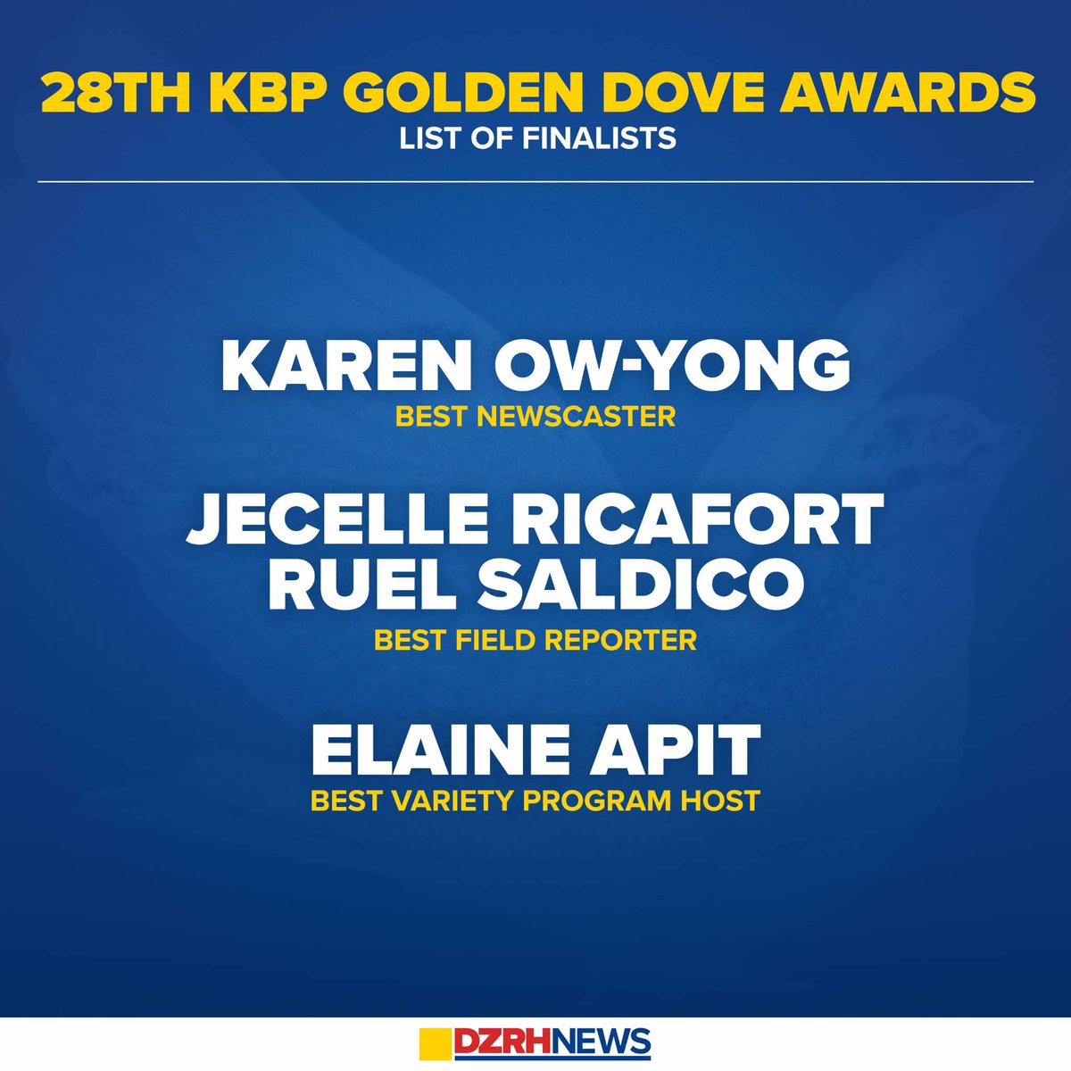 dzrhnews's tweet photo. TATAK DZRH! 📻 🥳

Narito ang mga mamamahayag at programa ng DZRH na nominado sa 28th KBP Golden Dove Awards.

Taos-pusong pasasalamat sa patuloy na pagtitiwala sa kauna-unahang himpilan ng radyo sa Pilipinas, ang DZRH.

#DZRH #KBP #GoldenDoveAwards #UnaSaPilipinasUnaSaPilipino