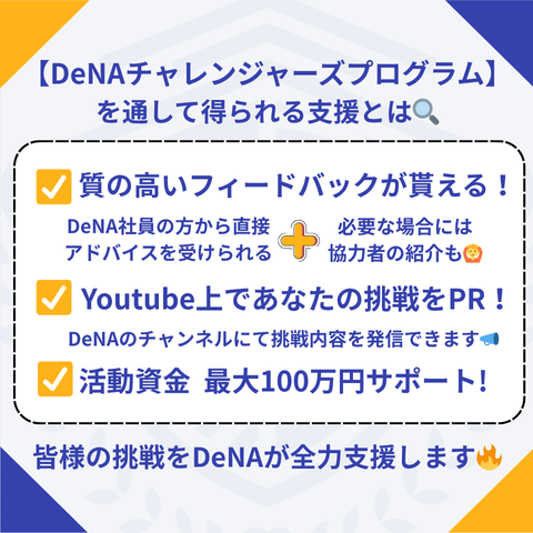 【DeNAチャレンジャーズプログラム深掘り第二弾📣】
こんにちは！Giving Campaign運営事務局です！

今回は現在エントリー受付中のイベント「DeNAチャレンジャーズプログラム」について、どのような支援が受けられるかを深掘り🔍していきます！

①DeNA社員による質の高いフィードバック