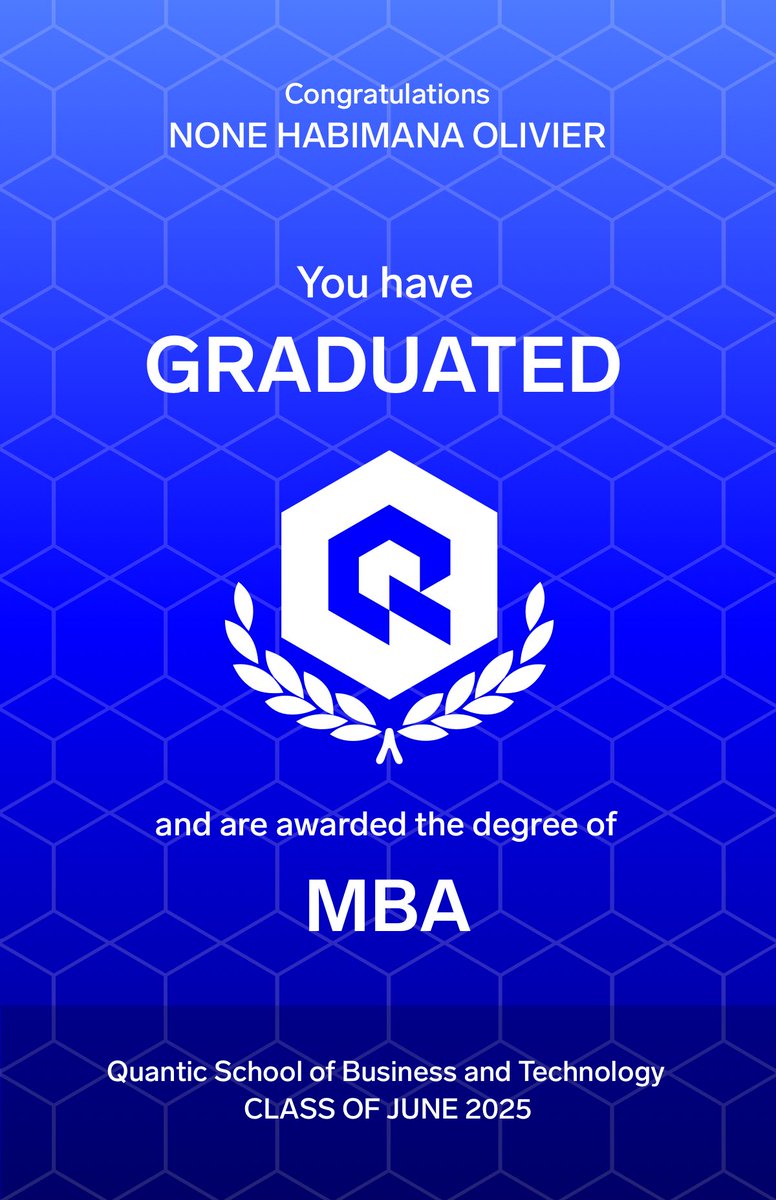 none_olivier's tweet photo. I’m thrilled to share that I’ve officially graduated with my MBA from Quantic School of Business and Technology  Class of June 2025! 🎓

Here’s to the journey ahead! 🚀
#MBA #Graduation #QuanticMBA #Growth #LeadershipJourney #ClassOf2025 https://t.co/d8JiJ0lEsZ