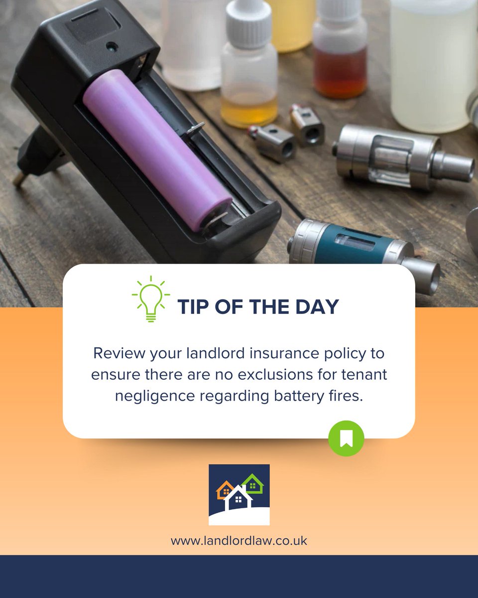 LandlordLaw's tweet image. Landlords: Review your insurance ASAP! 🚨 

Are you covered for tenant negligence, specifically battery fires from vapes? 

Advise tenants on safe vape disposal (no bins &amp;amp; overnight charging).

Get protected with Landlord Law.

#landlordlaw #landlordinsurance #propertyrisk