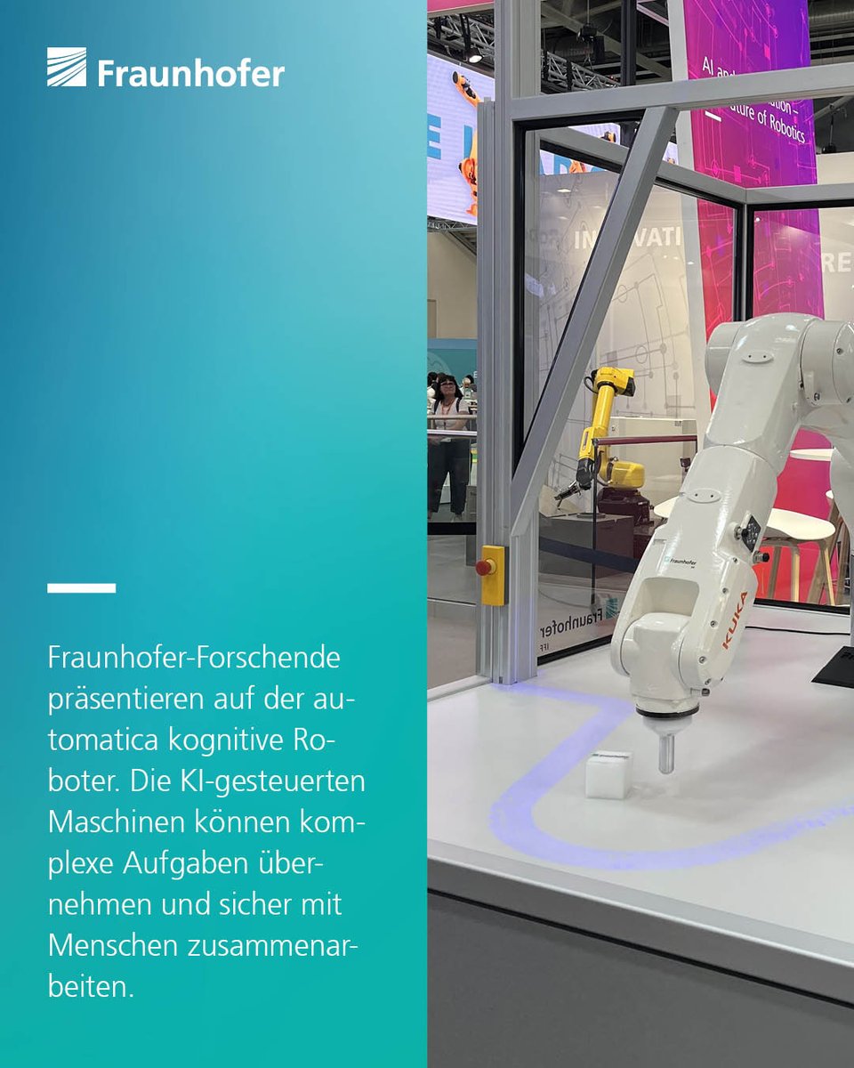 Fraunhofer's tweet image. 👩🤖Mensch und #Roboter arbeiten Hand in Hand – dank Künstlicher Intelligenz🤝Zu sehen sind die kognitiven #KI-gesteuerten Roboter des Fraunhofer IFF bis zum 27. Juni auf der Messe @automaticafair in München. Wir freuen uns auf Ihren Besuch! Mehr Infos 🔗 s.fhg.de/CtGf