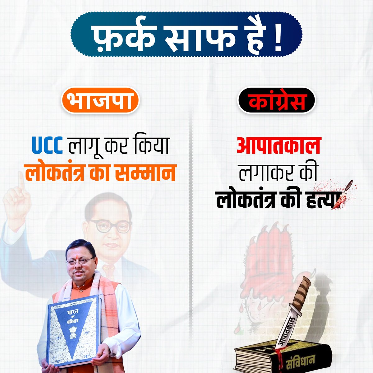 arpitmishraBJP's tweet image. फ़र्क़ साफ़ है!
भाजपा ने #UCC लागू कर लोकतंत्र का सम्मान बढ़ाया, जबकि कांग्रेस ने आपातकाल लगाकर लोकतंत्र का गला घोंटा था।
संविधान निर्माता डॉ. अम्बेडकर के सपनों को साकार कर रहा है नया भारत।
आदरणीय मुख्यमंत्री श्री @pushkardhami जी को अभिनंदन। 🚩
#Uttarakhand #UniformCivilCode…