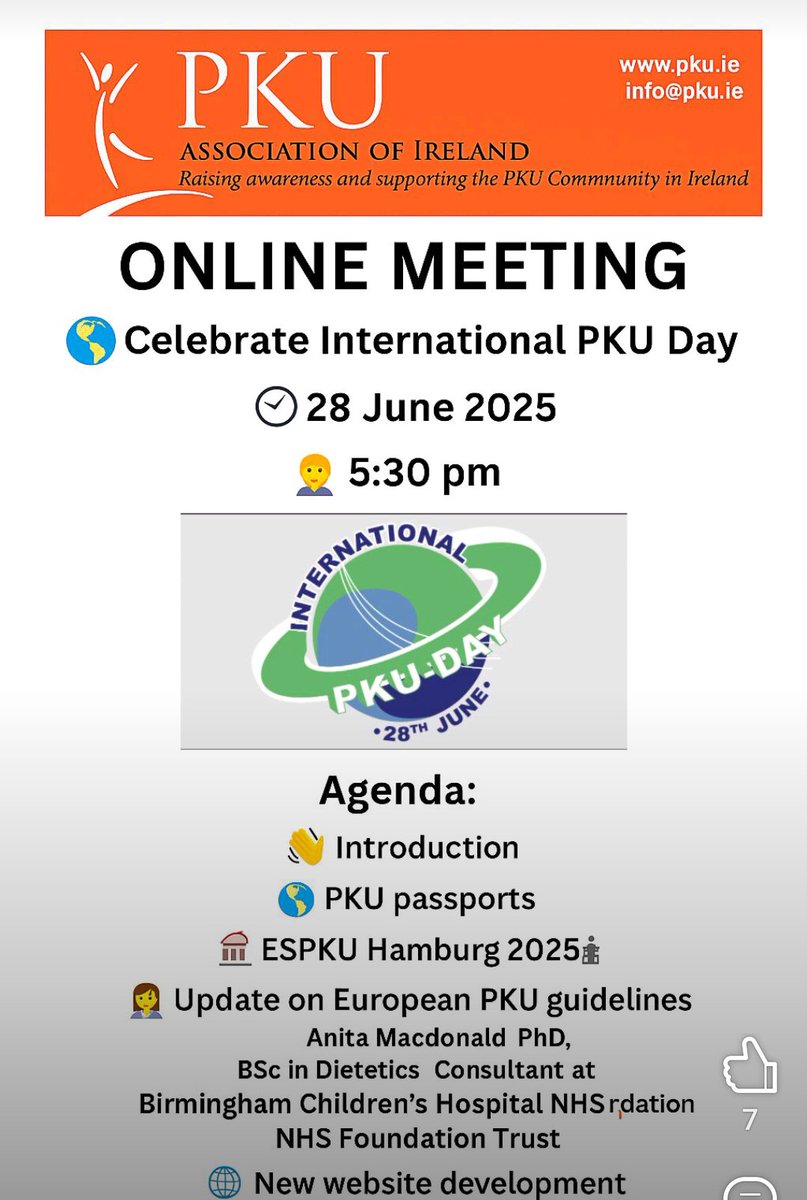 PKU acossiaton in Ireland 🇮🇪 is organising an online meeting in celebration of this year's International PKU Day! #IPKUDAY2025 Details below👇