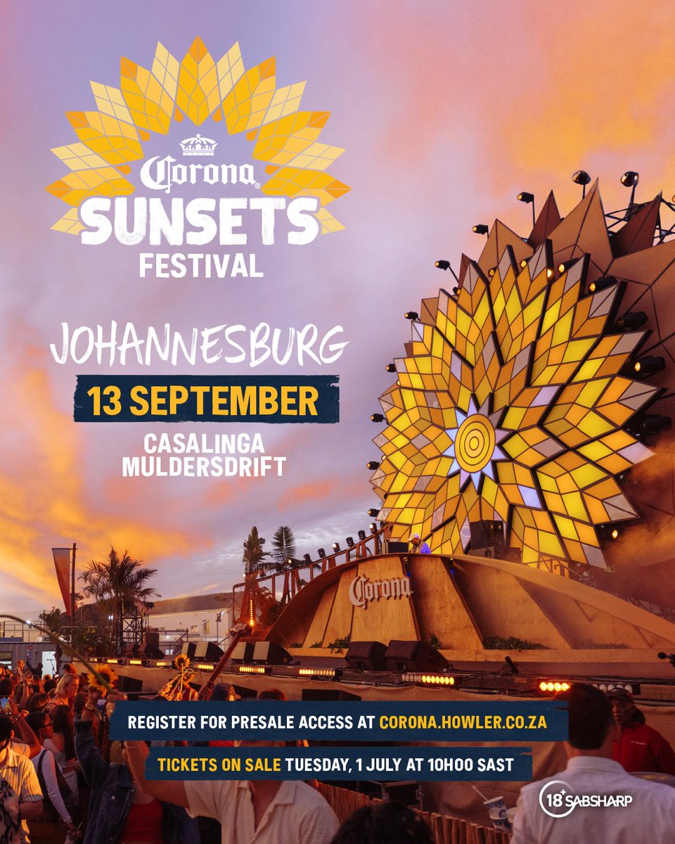 Joburg, we heard you. The #CoronaSunsetsFestival returns to Johannesburg this September☀️
​
Register now at corona.howler.co.za for a chance to secure presale tickets. Tickets on sale July 1st.

#ThisIsLiving